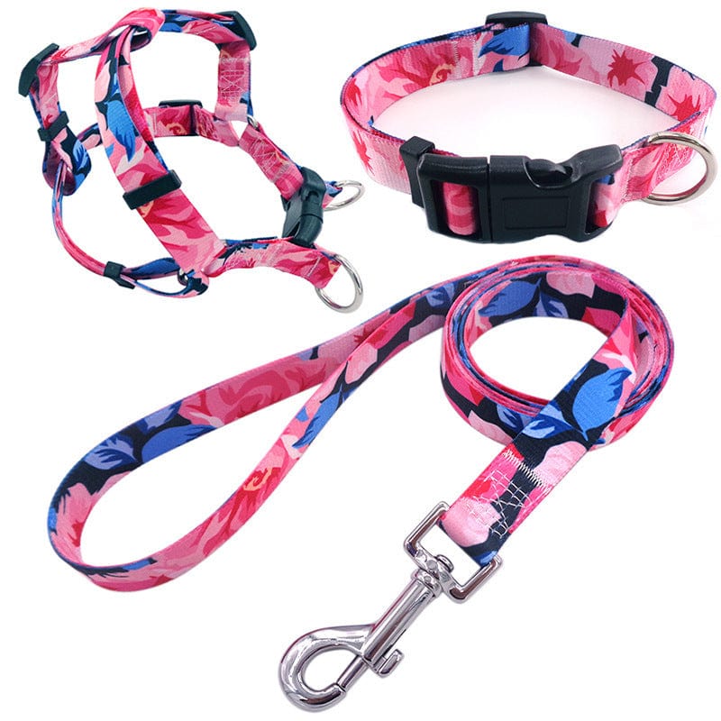 Dogs and Cats Boutique 10 Dark Blue Flower / S Pet Printing Collar Rope Chest Strap Traction Three-piece Set (To Get Done)